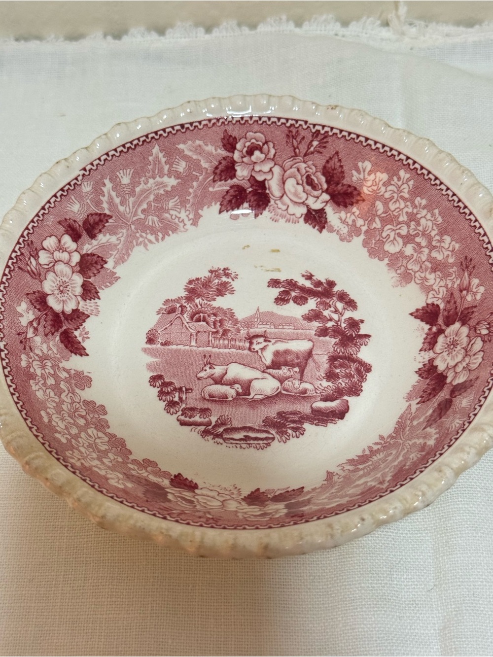 Adams Pink Transferware‎ Farm Scene Serving Bowl